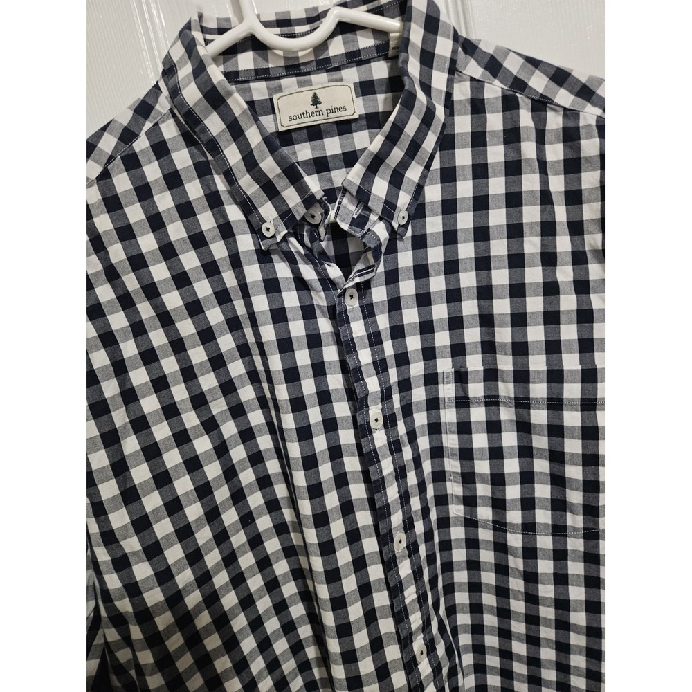 Southern‎ Pines Shirt Mens XXL 2X Navy/ White Gingham Button Down Casual